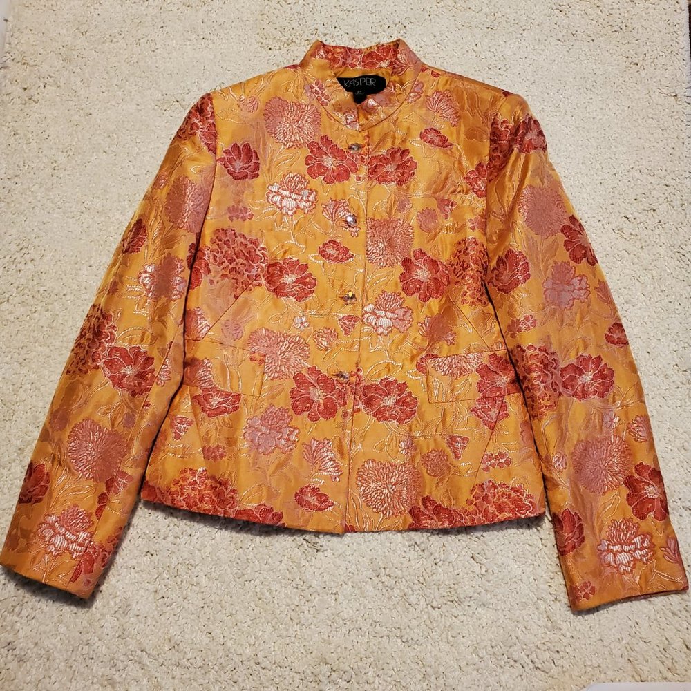 Kasper 2 Piece Tangerine Pink & Silver Floral Brocade Skirt Set Size 6P - Picture 4 of 10